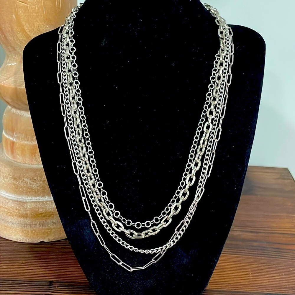 Silver tone 4 strand layering chain vintage necklace
